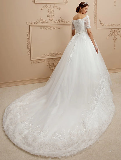 A-Line Bateau Neck Cathedral Train Lace / Tulle Made-To-Measure Wedding Dresses with Lace