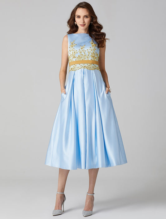 A-Line Cocktail Dresses Party Dress Wedding Guest Tea Length Sleeveless Jewel Neck Satin V Back with Pleats Appliques