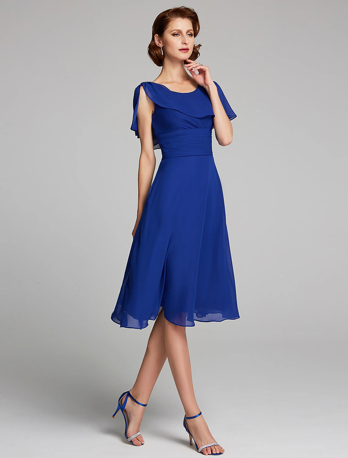 A-Line Mother of the Bride Dress Cowl Neck Knee Length Chiffon Short Sleeve with Ruffles