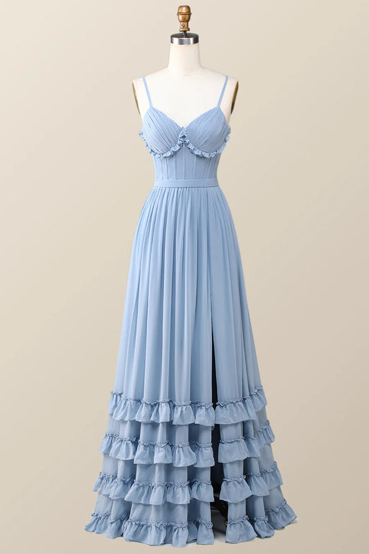 Boho Style Dusty Blue Ruffles Long Bridesmaid Dress