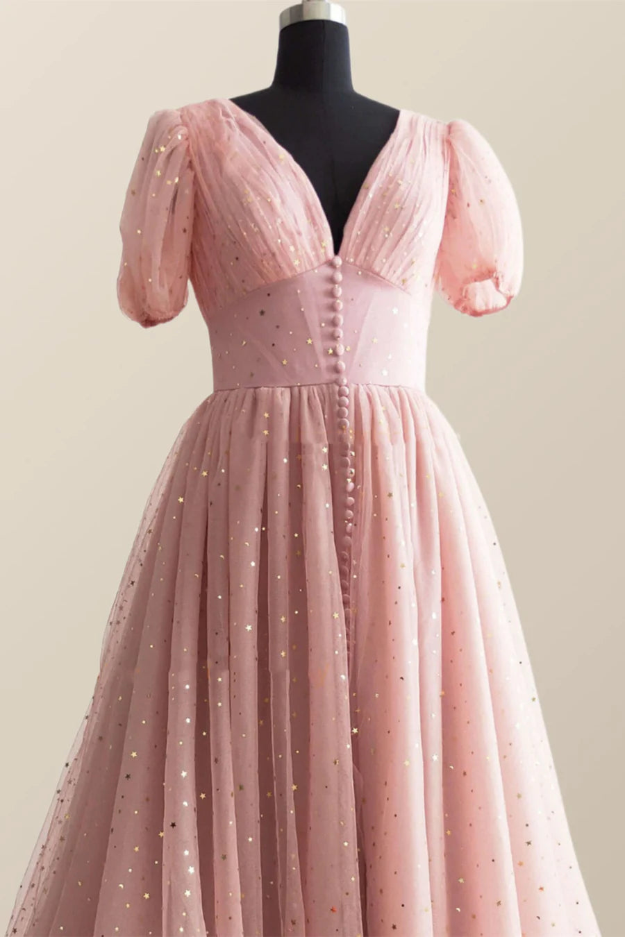 Short Sleeves Blush Pink Long Prom Dress