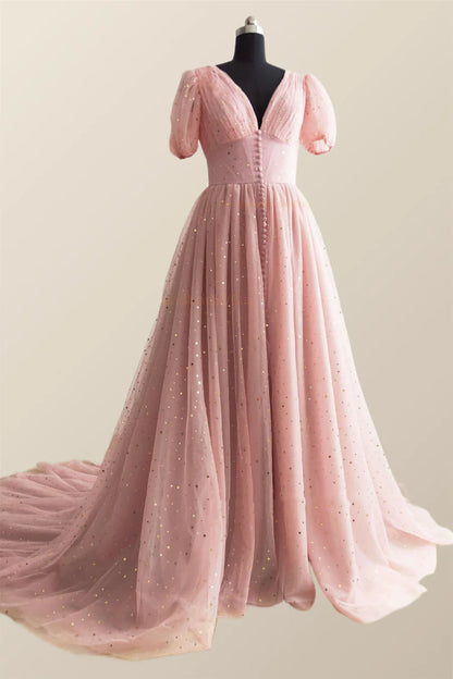 Short Sleeves Blush Pink Long Prom Dress