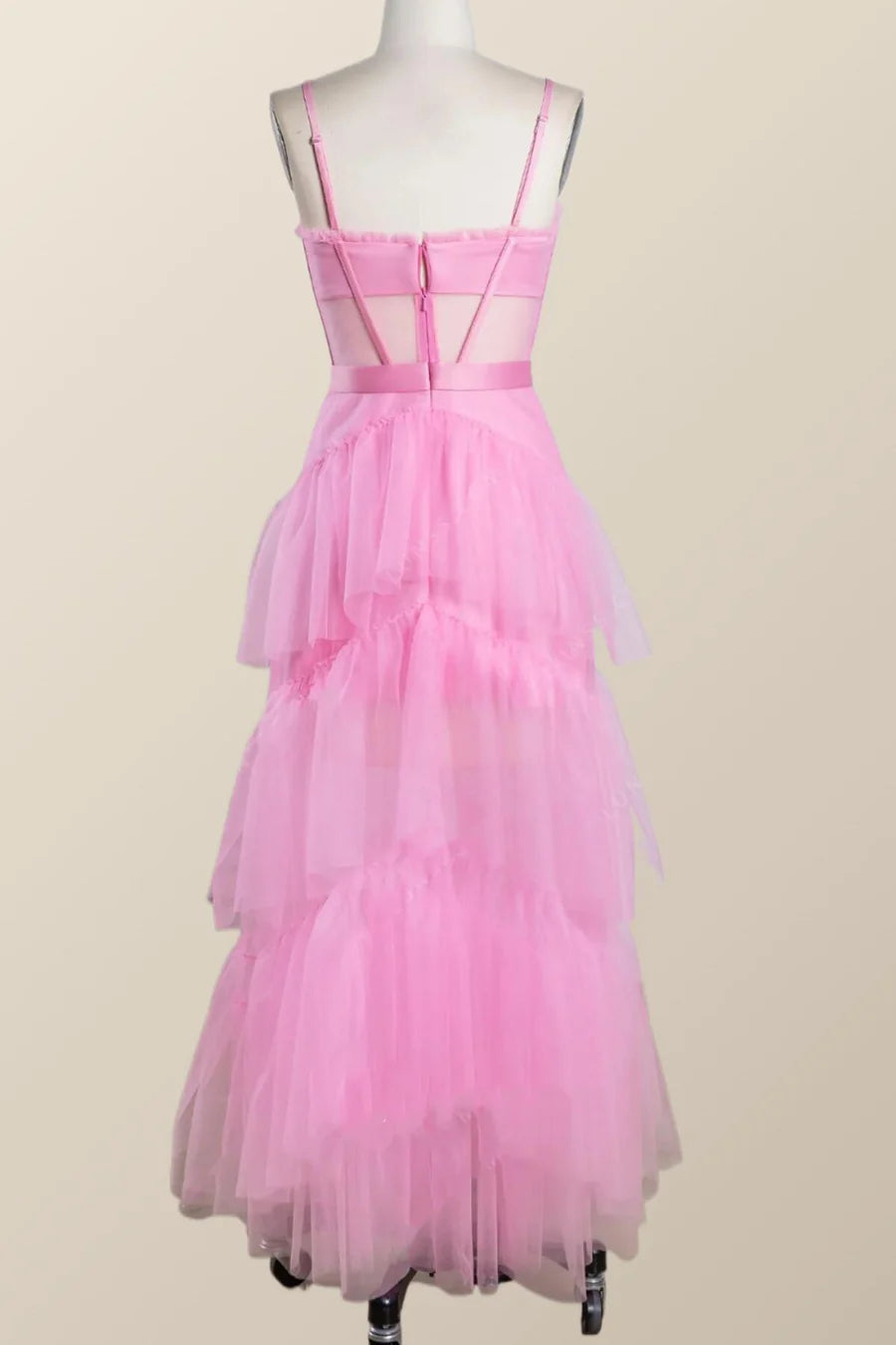 Pink Tulle Tiered Ruffle Prom Dress