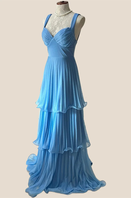 Blue Pleated Chiffon Tiered Long Prom Dress