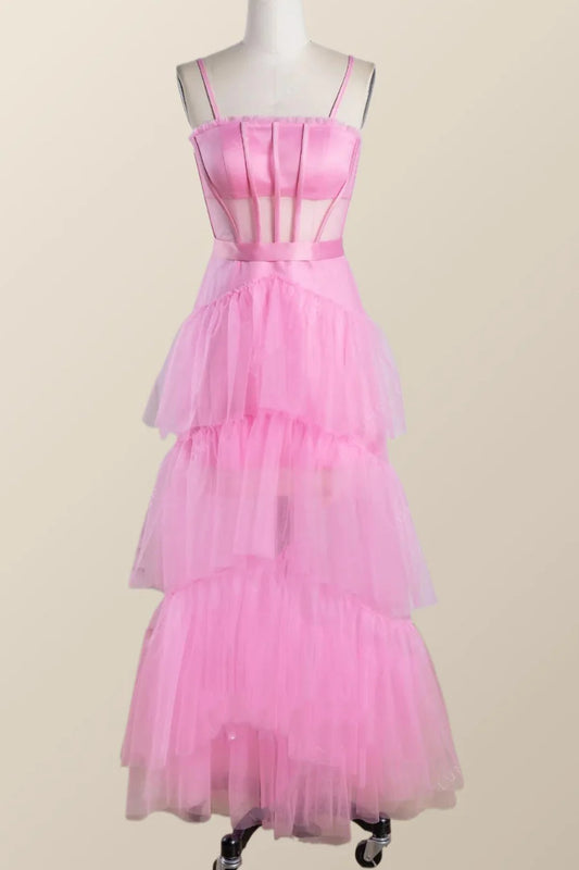 Pink Tulle Tiered Ruffle Prom Dress