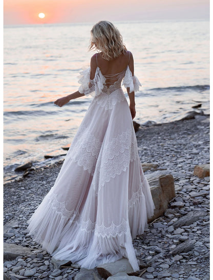 Beach Open Back Boho Wedding Dresses A-Line Off Shoulder Camisole Spaghetti Strap Sweep / Brush Train Lace Bridal Gowns With Lace 2023 Summer Wedding Party