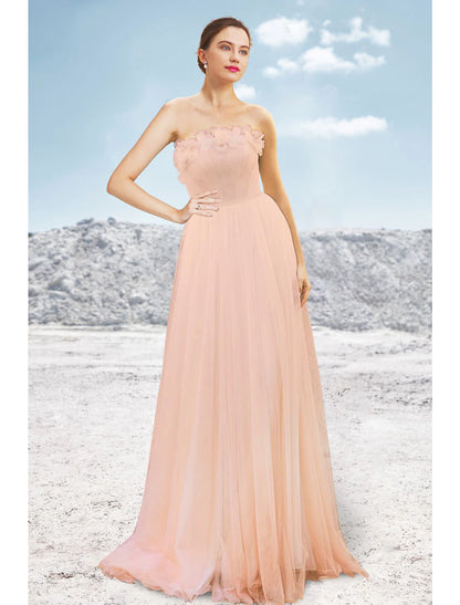 A-Line Evening Gown Elegant Dress Formal Wedding Party Sweep / Brush Train Sleeveless Strapless Tulle with Pleats