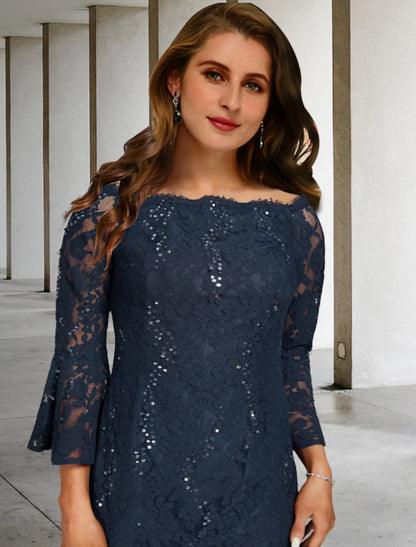 A-Line Mother of the Bride Dresses Plus Size Hide Belly Curve Vintage Dress Formal Tea Length 3/4 Length Sleeve Jewel Neck Lace with Sequin Appliques