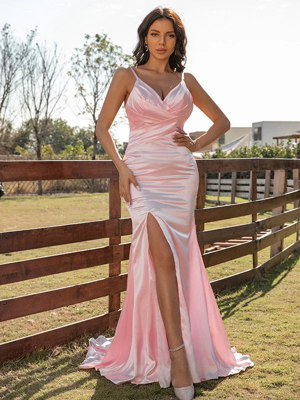 Silk like Satin Ruched V-neck Sleeveless Long Pink Prom Dresses