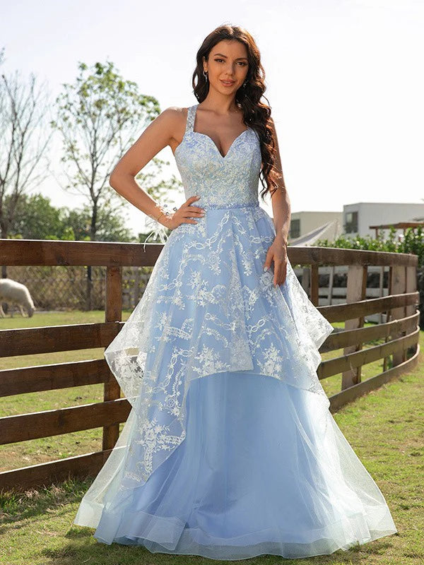 A-Line Princess Tulle Lace V-neck Sleeveless Floor-Length Prom Dresses