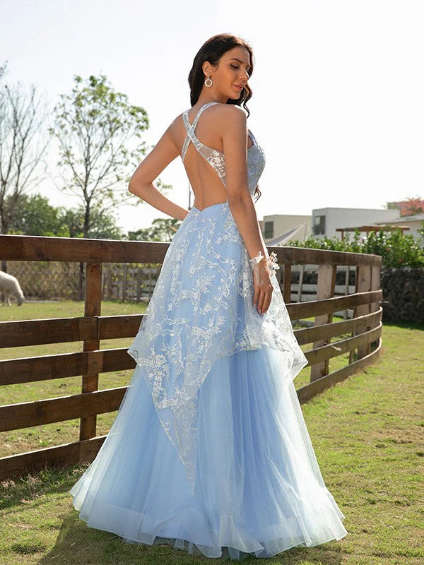 A-Line Princess Tulle Lace V-neck Sleeveless Floor-Length Prom Dresses