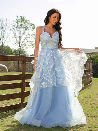 A-Line Princess Tulle Lace V-neck Sleeveless Floor-Length Prom Dresses