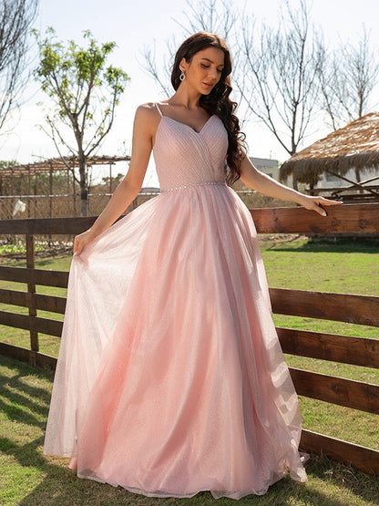 A-Line/Princess Ruched V-neck Sleeveless Floor-Length Dresses