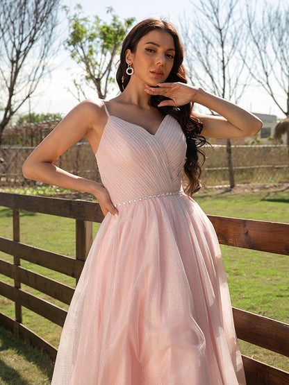 A-Line/Princess Ruched V-neck Sleeveless Floor-Length Dresses