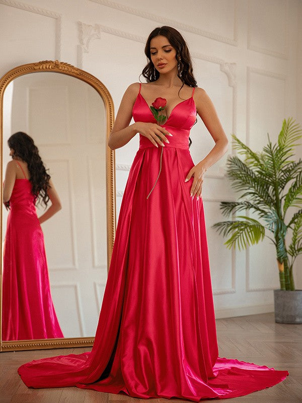 A-Line/Princess Silk like Satin Ruched V-neck Sleeveless Sweep/Brush Train Dresses