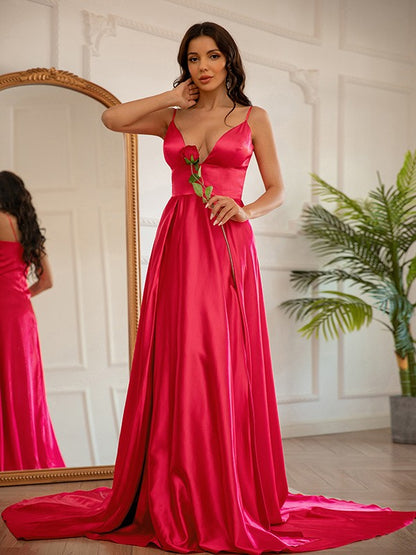 A-Line/Princess Silk like Satin Ruched V-neck Sleeveless Sweep/Brush Train Dresses