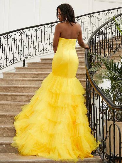 Trumpet/mermaid Satin Layers Sweetheart Sleeveless Yellow Prom Dresses