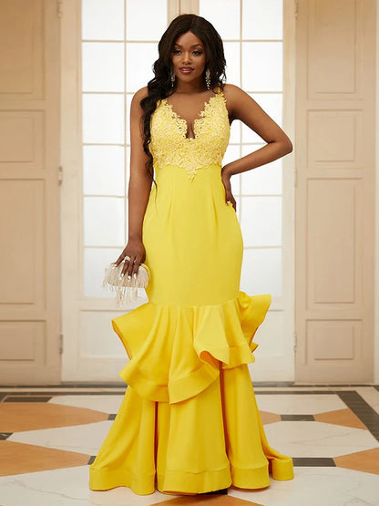 Jersey Applique V-neck Sleeveless Prom Dresses Yellow