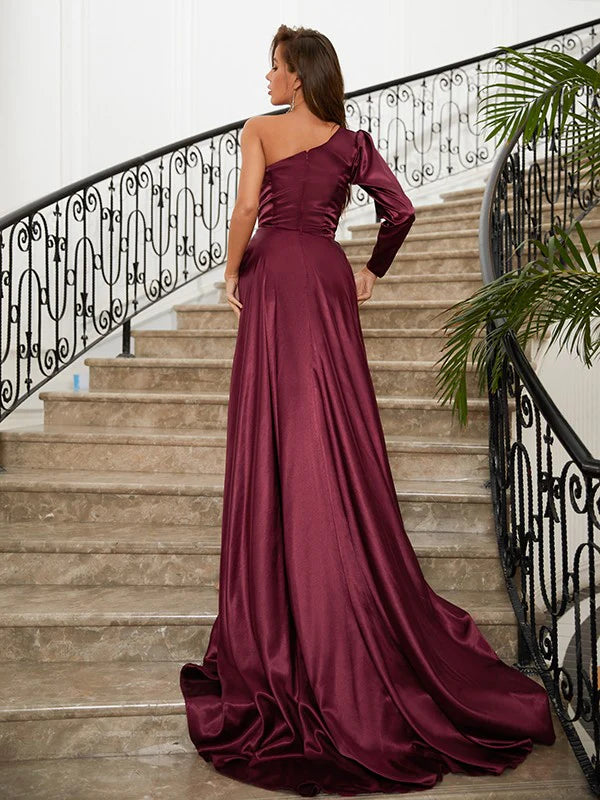 Satin Ruched One-Shoulder Long Sleeves Prom Dresses