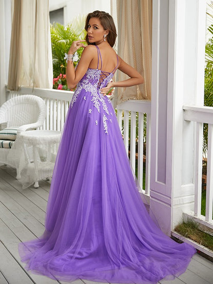 A-Line/Princess Tulle Applique V-neck Sleeveless Sweep/Brush Train Dresses