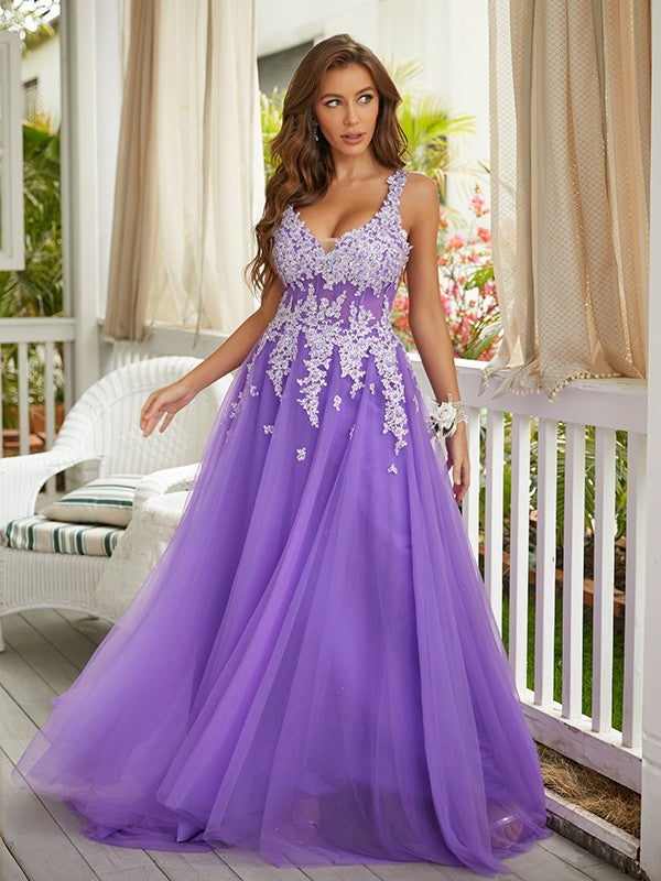 A-Line/Princess Tulle Applique V-neck Sleeveless Sweep/Brush Train Dresses