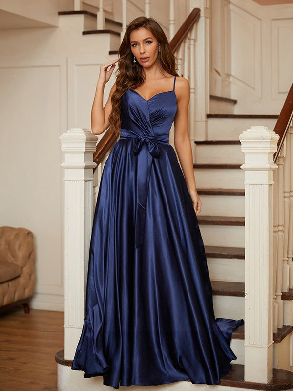 A-Line/Princess Silk like Satin Ruffles V-neck Sleeveless Floor-Length Dresses