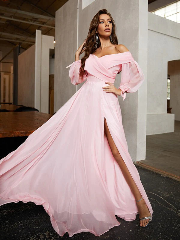 A-Line/Princess Off-the-Shoulder Floor-Length Chiffon Evening Dresses With Cascading Ruffles
