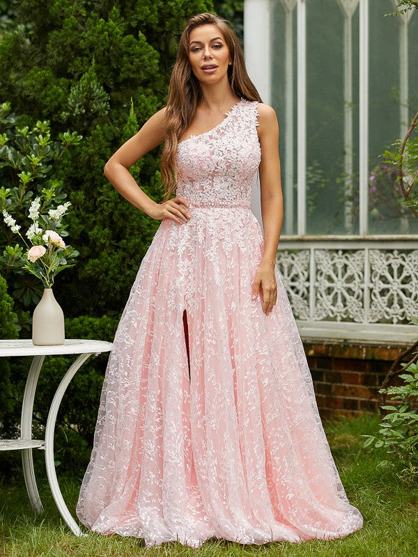 A-Line/Princess Lace Ruffles One-Shoulder Sleeveless Sweep/Brush Train Dresses