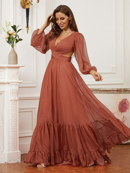 A-Line/Princess 30D Chiffon Ruffles V-neck Long Sleeves Sweep/Brush Train Dresses