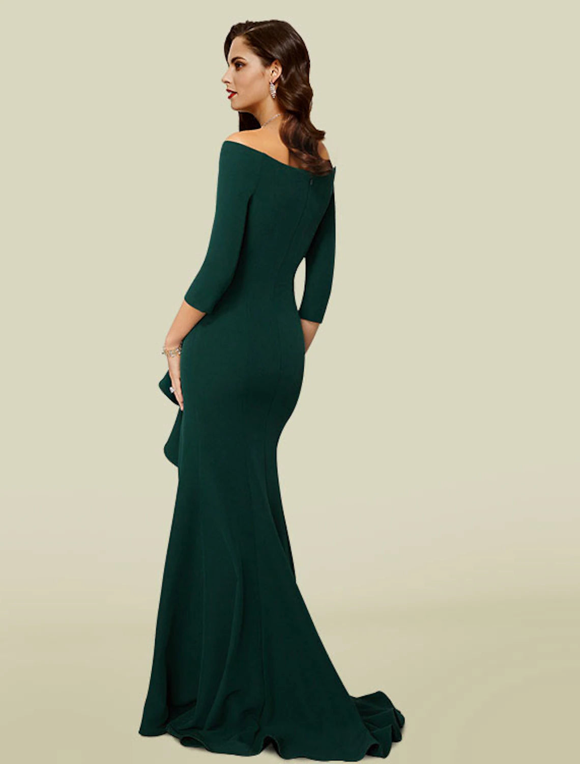 Mermaid / Trumpet Mother of the Bride Dress Wedding Guest Elegant Sexy Off Shoulder V Neck Court Train Stretch Fabric 3/4 Length Sleeve with Draping Split Front 2023