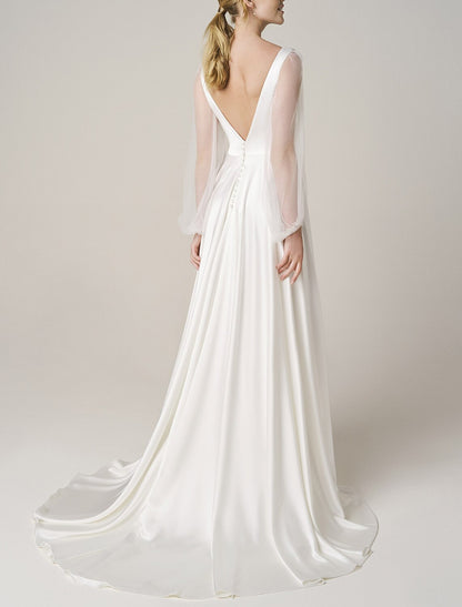 Hall Casual Wedding Dresses A-Line V Neck Long Sleeve Sweep / Brush Train Chiffon Bridal Gowns With Solid Color