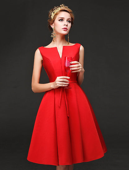 A-Line Cocktail Dresses Minimalist Dress Homecoming Short / Mini Sleeveless Jewel Neck Satin with Sash / Ribbon Bow(s)