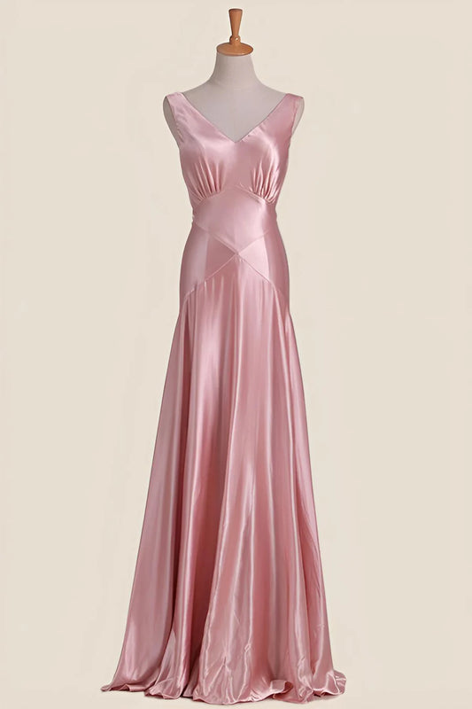 Pink V Neck Sheath Long Prom Dress