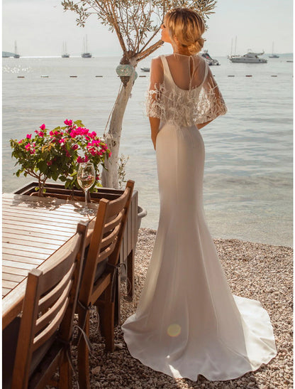 Beach Open Back Casual Wedding Dresses Mermaid / Trumpet Square Neck Sleeveless Sweep / Brush Train Satin Bridal Gowns With Buttons Beading 2023 Summer Wedding Party