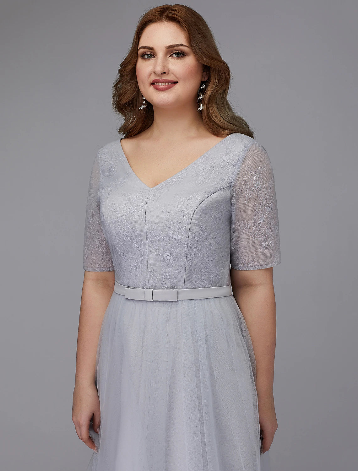 A-Line Elegant Dress Wedding Guest Cocktail Party Tea Length Short Sleeve V Neck Lace Lace-up with Sash / Ribbon