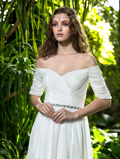 Boho Wedding Dresses A-Line Off Shoulder Half Sleeve Floor Length Chiffon Bridal Gowns With Crystal Ruched