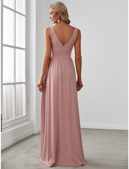 A-Line Prom Dresses High Split Dress Wedding Guest Floor Length Sleeveless V Neck Chiffon V Back with Slit Pure Color