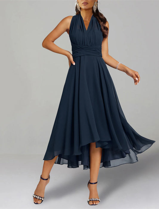 A-Line Blue Wedding Guest Dresses Convertible Infinity Mother Dress Formal Tea Length Sleeveless One Shoulder Chiffon with Ruched