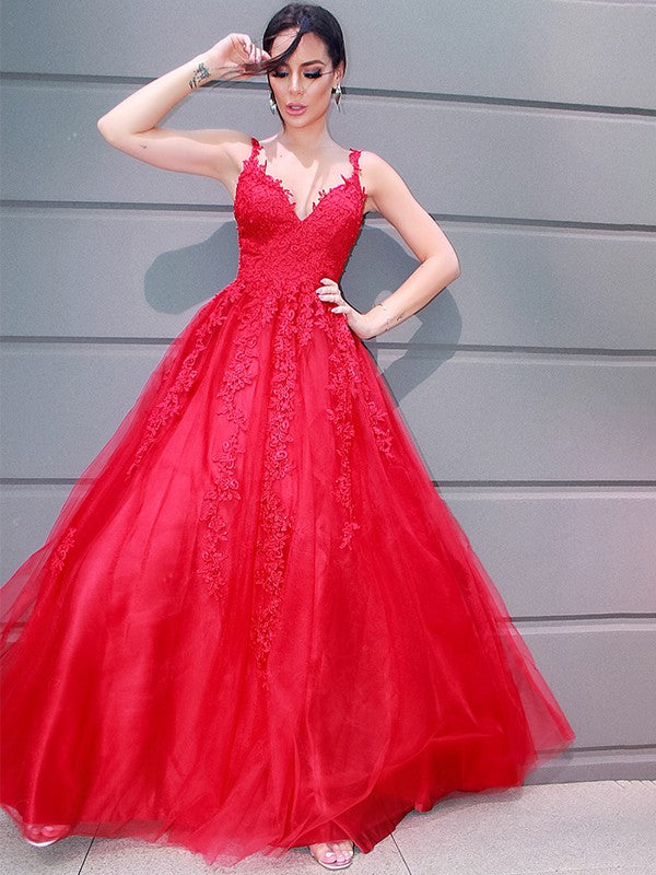 A-Line/Princess Tulle V-neck Floor-Length Applique Sleeveless Dresses