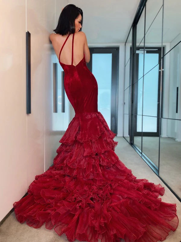 Organza Layers One-Shoulder Court Sleeveless Prom Dresses Red