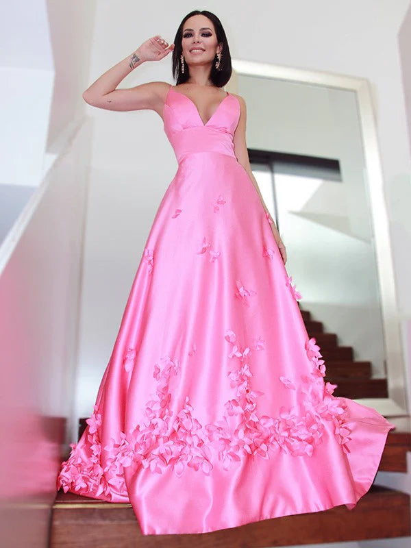 A-Line Princess V-neck Hand-Made Flower Satin Sleeveless Prom Dresses