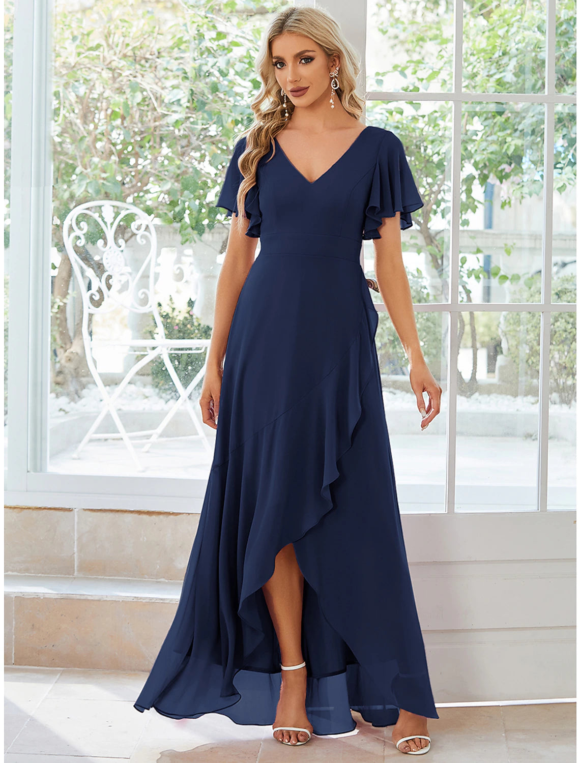 A-Line Wedding Guest Dresses Casual Dress Party Wear Wedding Party Asymmetrical Short Sleeve V Neck Bridesmaid Dress Chiffon with Ruffles Pure Color