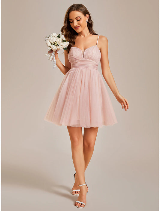 A-Line Homecoming Dresses Princess Dress Cocktail Party Short / Mini Sleeveless Spaghetti Strap Tulle with Ruched