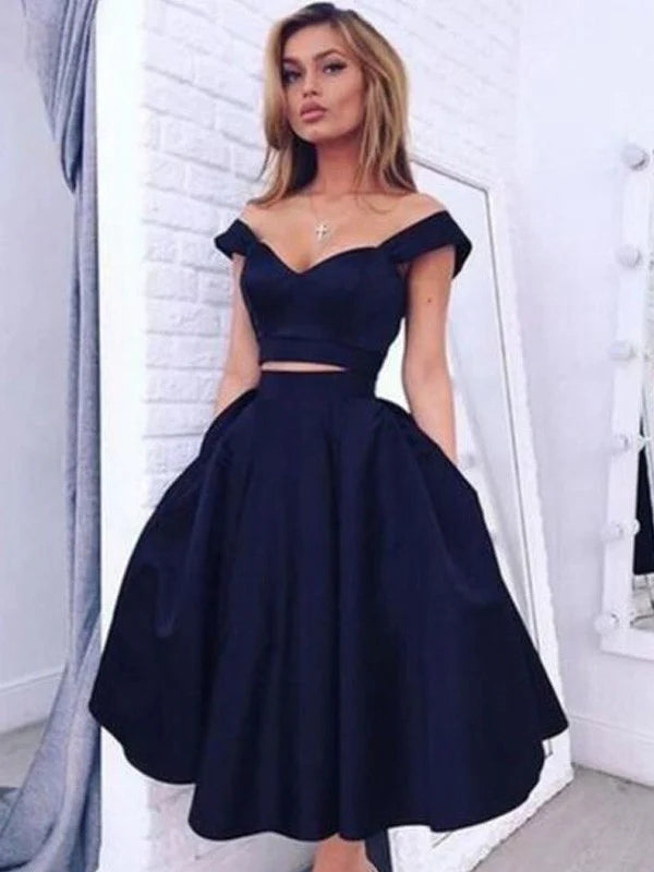 A-Line Princess Off-the-Shoulder Sleeveless Tea-Length Satin Piece Dresses