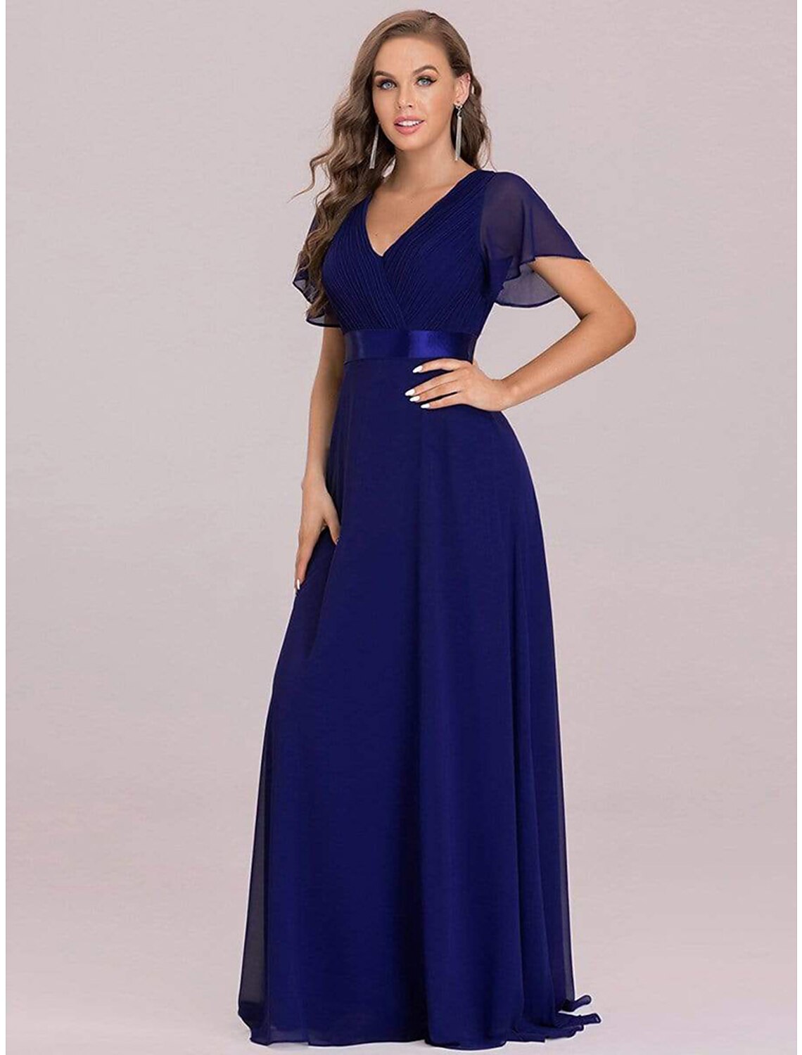 A-Line Evening Gown Empire Dress Wedding Guest Floor Length Short Sleeve V Neck Chiffon V Back with Ruffles Pure Color