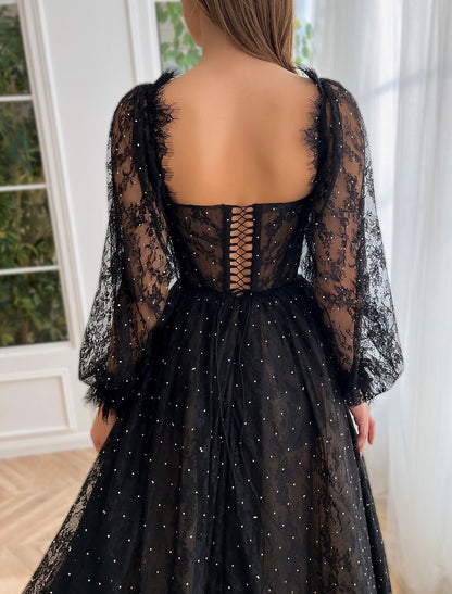 A-Line Prom Black Dress Vintage Dress Masquerade Floor Length Long Sleeve Strapless Wednesday Addams Family Lace Crisscross Back with Embroidery