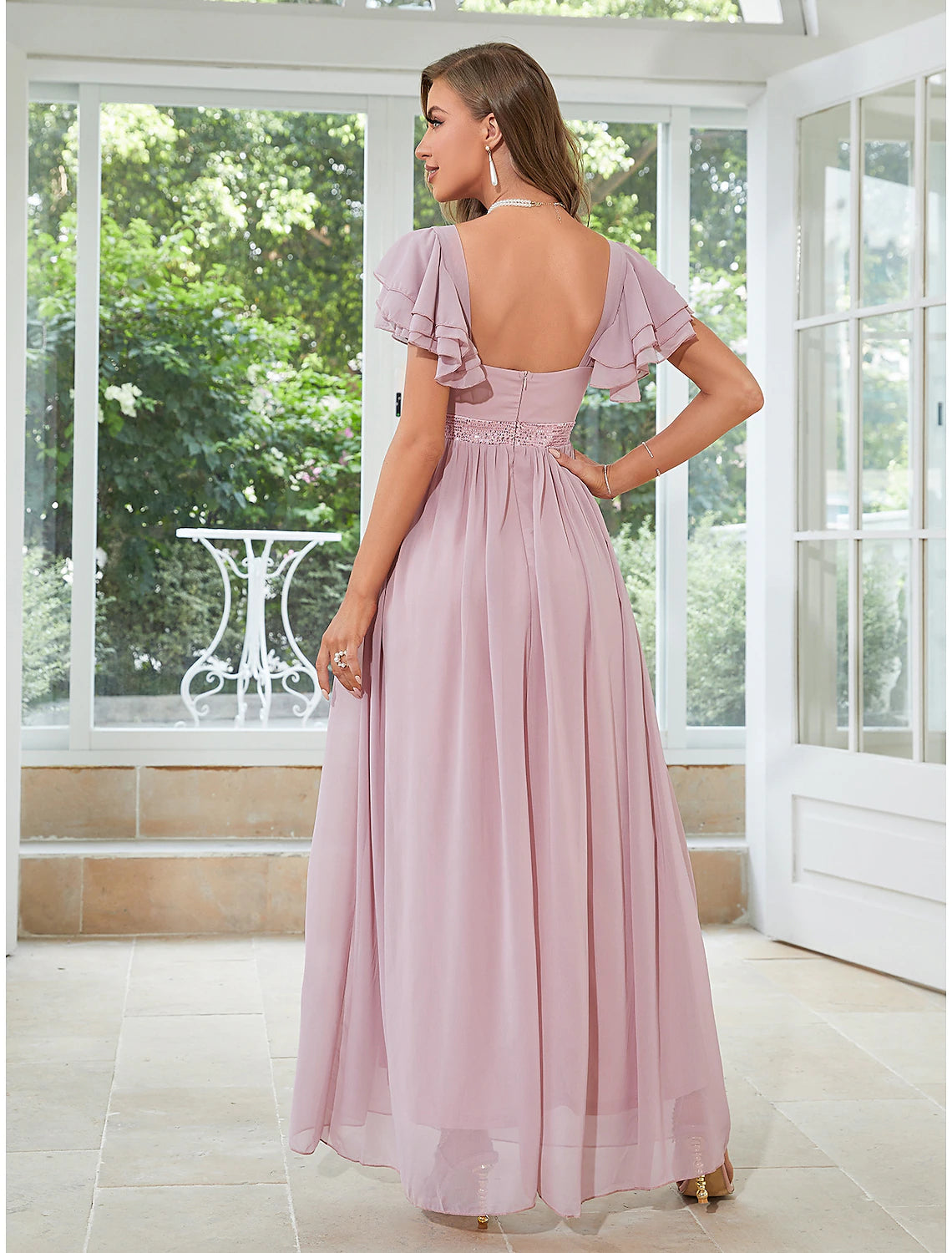 A-Line Wedding Guest Dresses Elegant Dress Party Wear Floor Length Short Sleeve Square Neck Chiffon with Ruffles