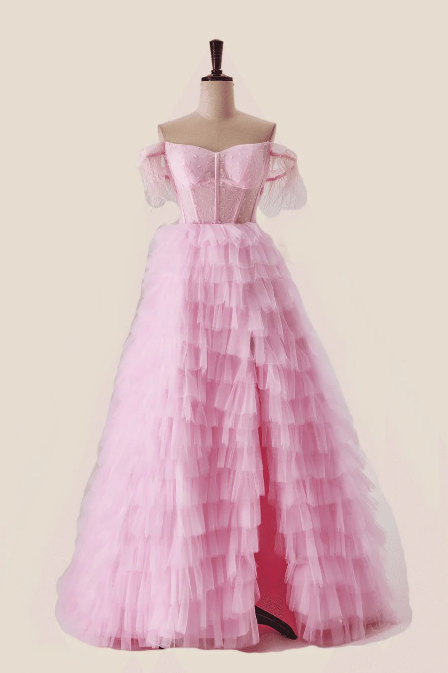 Off the Shoulder Pink Corset Tiered Ruffle Formal Prom Gown