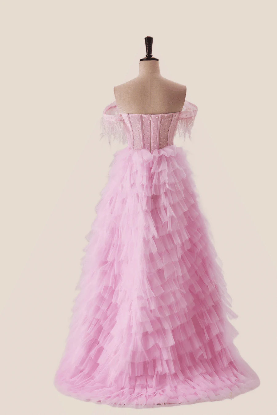 Off the Shoulder Pink Corset Tiered Ruffle Formal Prom Gown