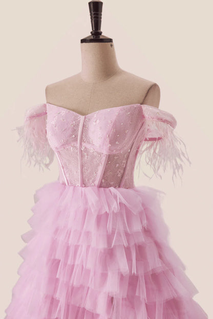 Off the Shoulder Pink Corset Tiered Ruffle Formal Prom Gown